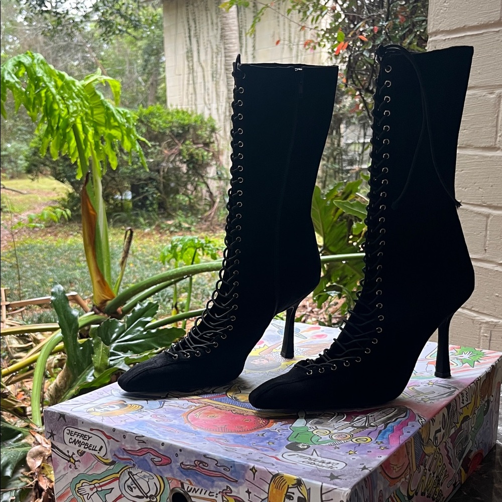 Jeffrey Campbell Kylan Black Lace-Up Pointed-Toe Stiletto Boots